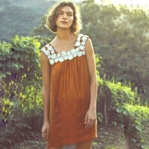 Anthropologie Rust Dress with White Lace Accent